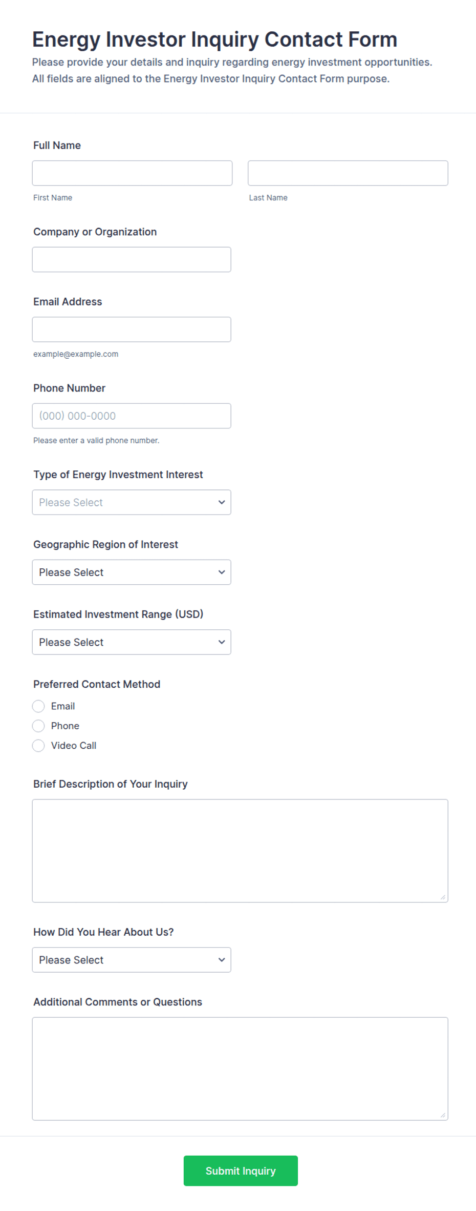 Energy Investor Inquiry Contact Form Template | Jotform
