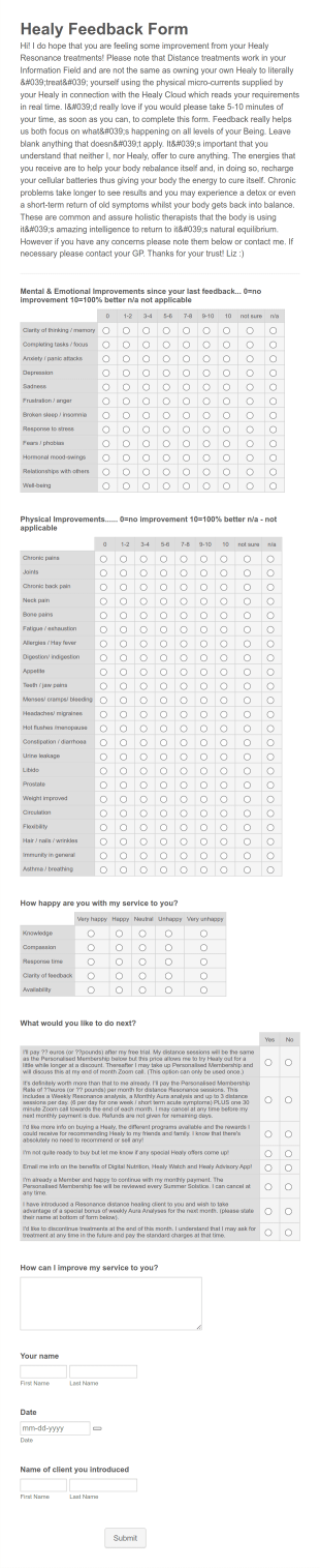 Energy Medicine Treatment Feedback Form Template