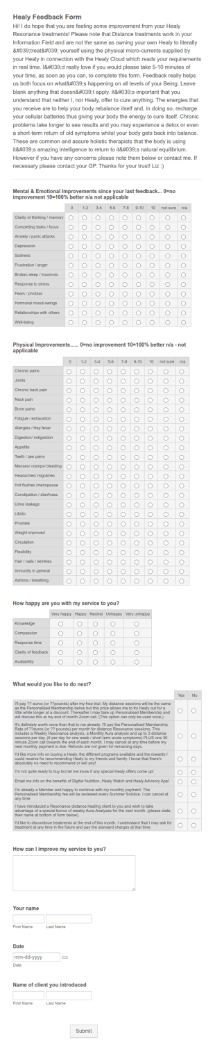 Energy Medicine Treatment Feedback Form Template