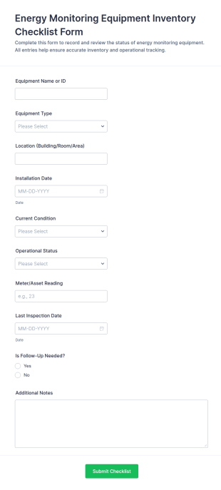 Energy Monitoring Equipment Inventory Checklist Form Template
