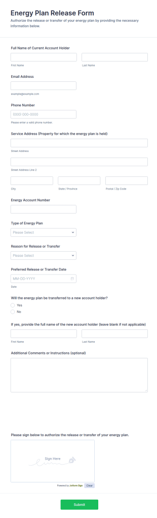 Energy Plan Release Form Template