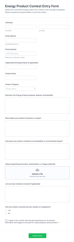 Energy Product Contest Entry Form Form Template