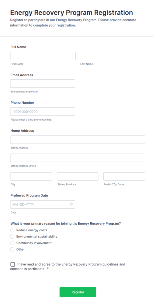 Energy Recovery Program Registration Form Template