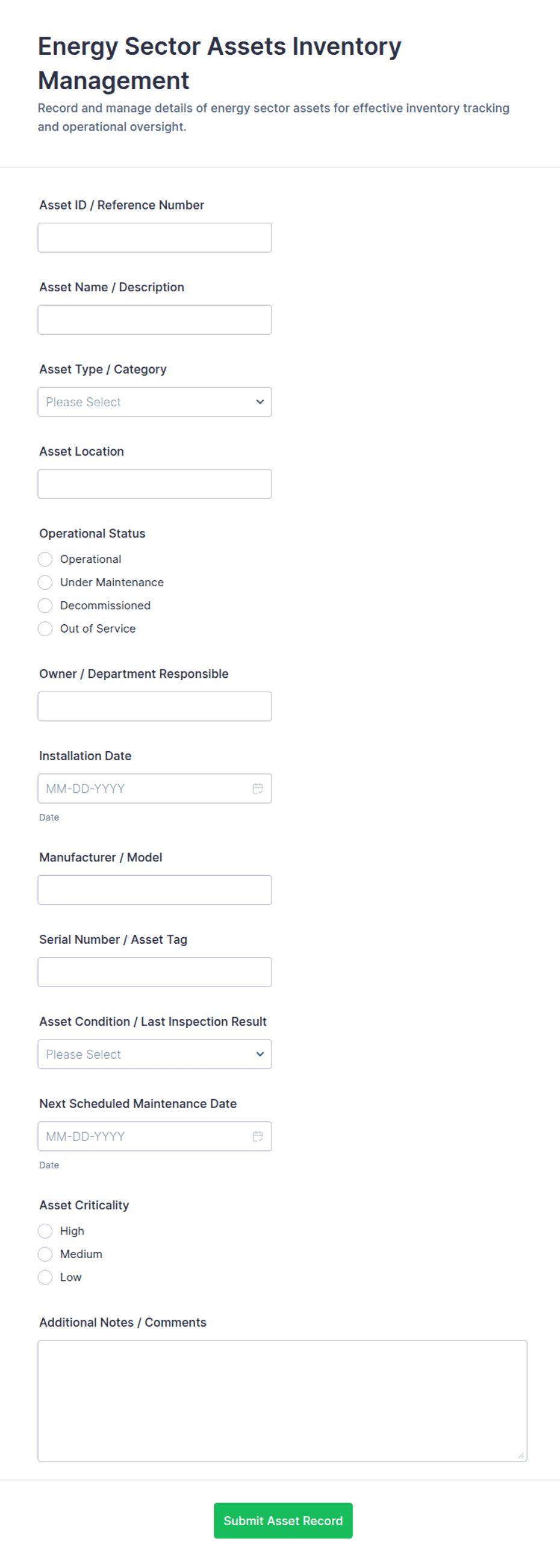 Energy Sector Assets Inventory Management Form Template | Jotform