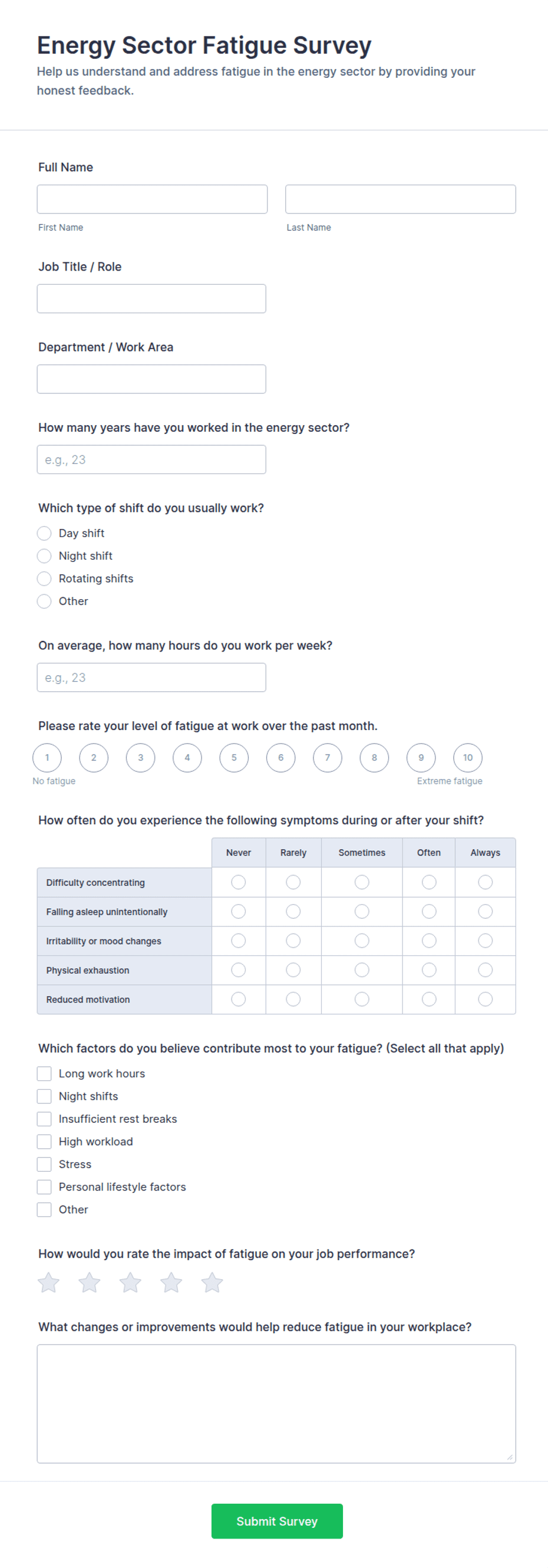 Energy Sector Fatigue Survey Form Template | Jotform