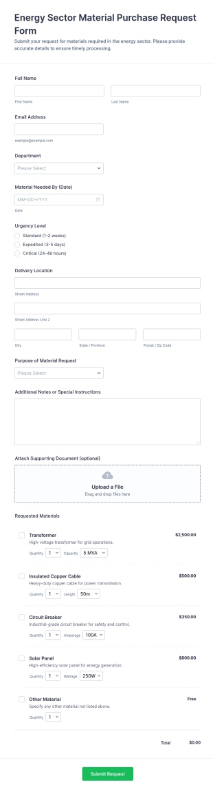 Energy Sector Material Purchase Request Form Template