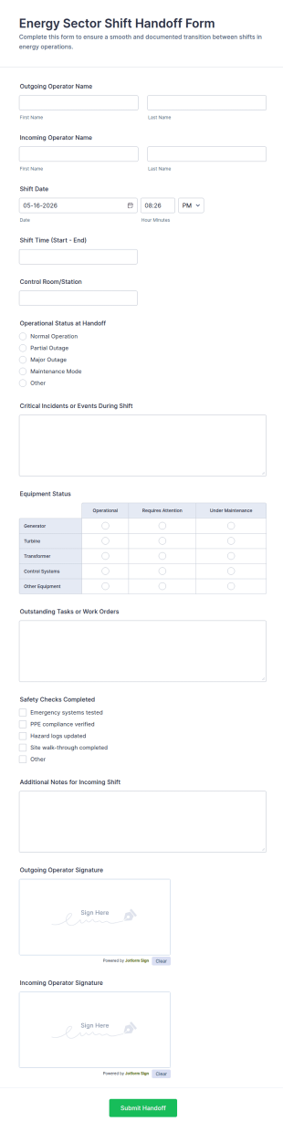 Energy Sector Shift Handoff Form Template