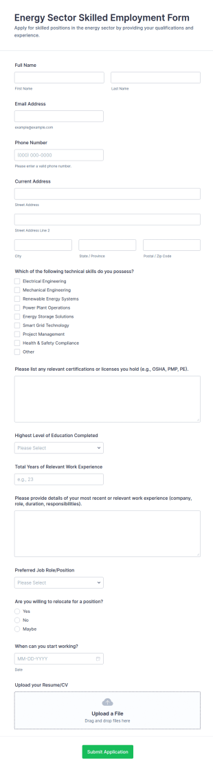 Energy Sector Skilled Employment Form Template