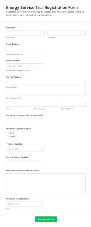 Energy Service Trial Registration Form Template