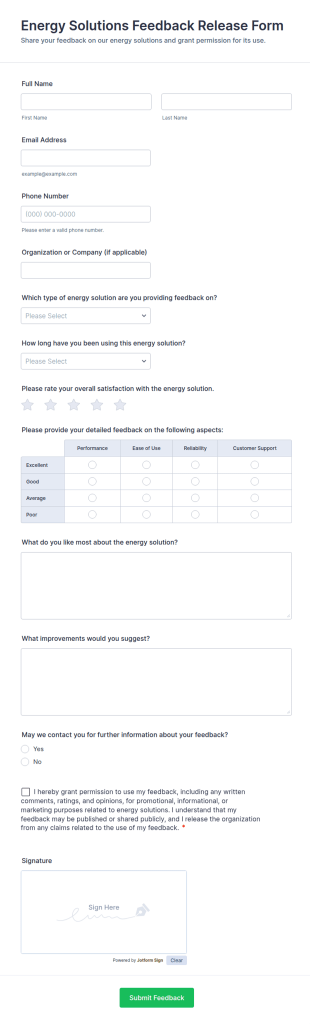 Energy Solutions Feedback Release Form Template