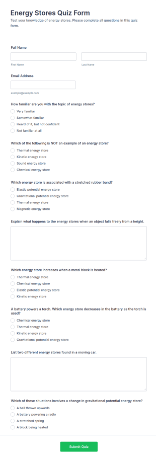 Energy Stores Quiz Form Template