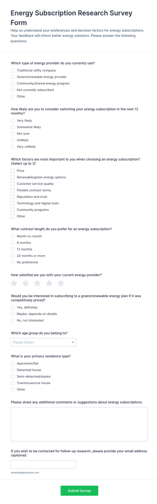 Energy Subscription Research Survey Form Template