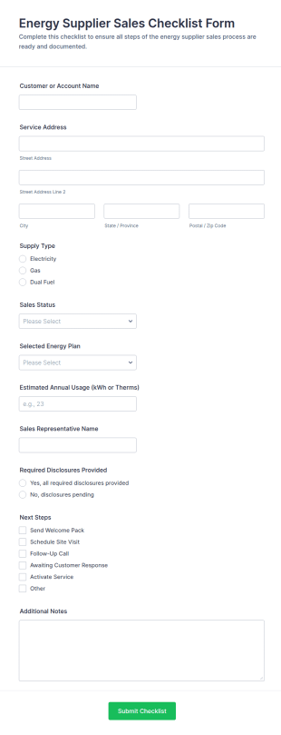 Energy Supplier Sales Checklist Form Template