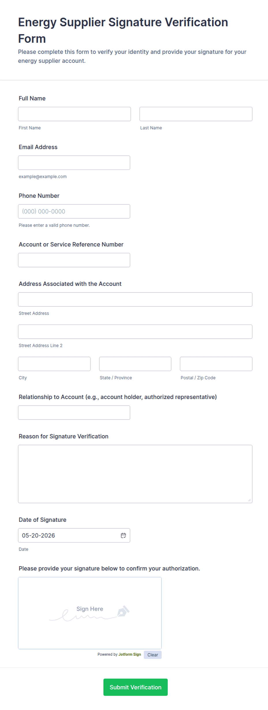 Energy Supplier Signature Verification Form Template | Jotform