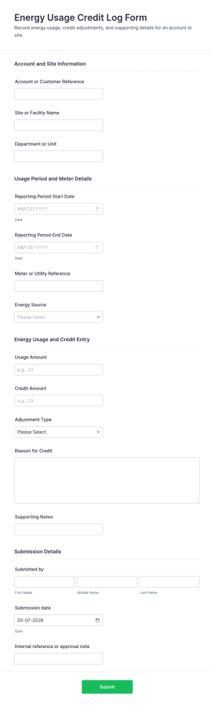 Energy Usage Credit Log Form Template