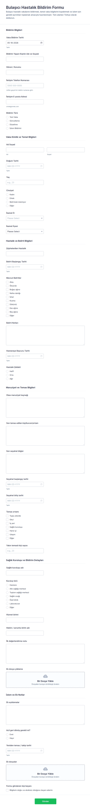 Enfeksiyon Hastalıkları Bildirim Form Şablonu