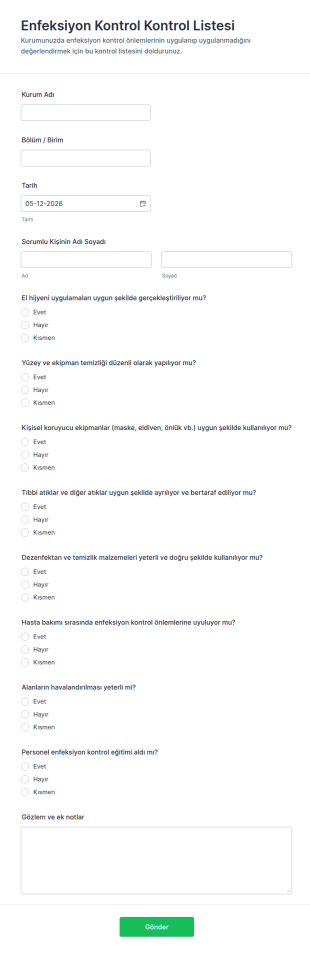 Enfeksiyon Kontrol Kontrol Listesi Form Şablonu