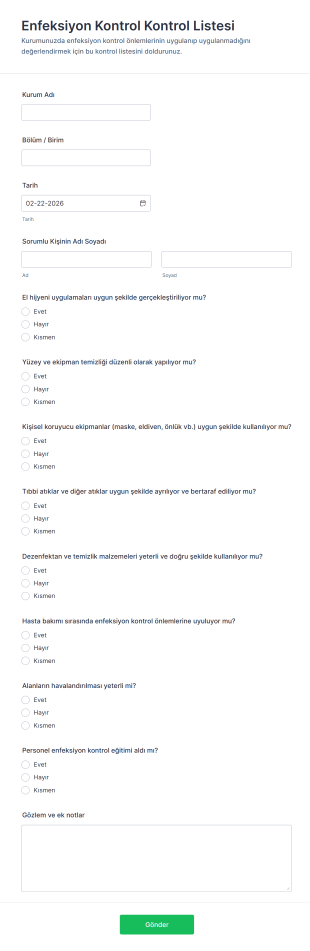 Enfeksiyon Kontrol Kontrol Listesi Form Şablonu