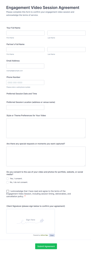 Engagement Video Session Agreement Form Template