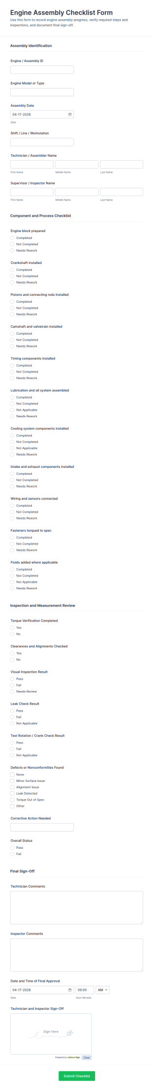 Engine Assembly Checklist Form Template