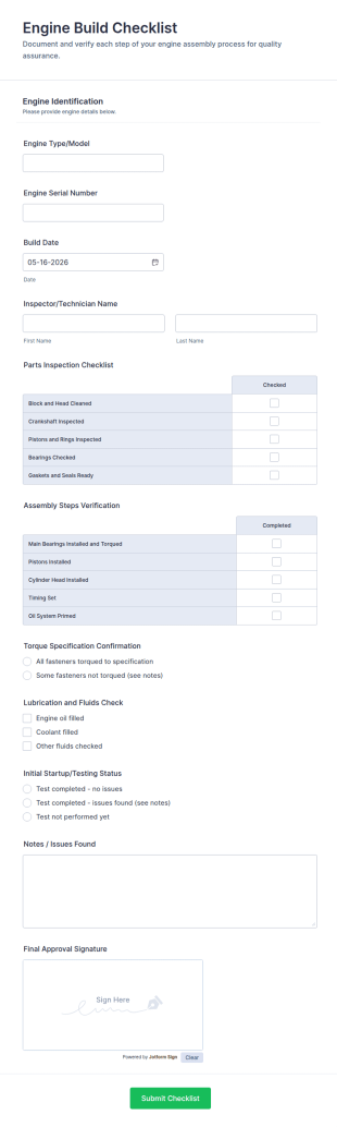 Engine Build Checklist Form Template