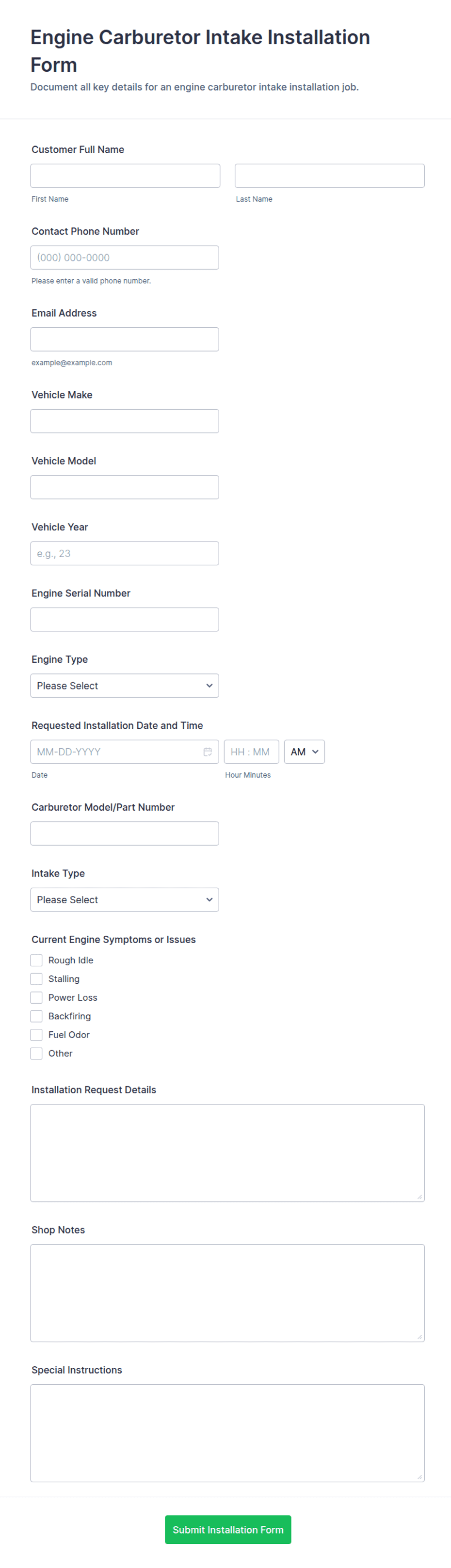 Engine Carburetor Intake Installation Form Template | Jotform