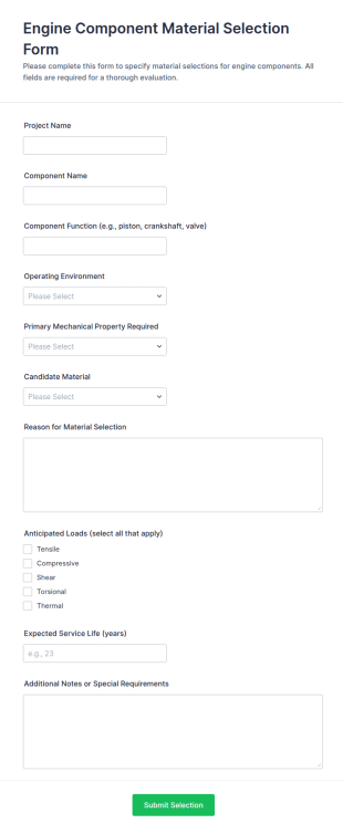 Engine Component Material Selection Form Template