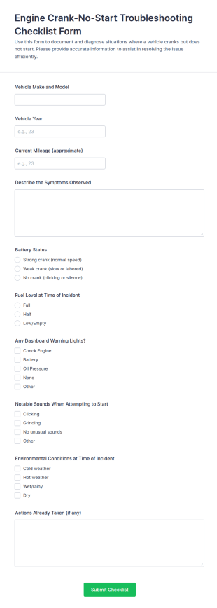 Engine Crank No Start Troubleshooting Checklist Form Template