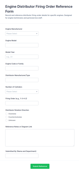 Engine Distributor Firing Order Reference Form Template