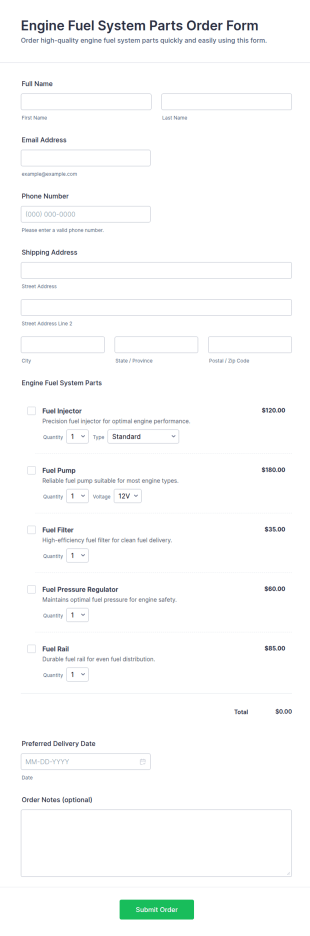 Engine Fuel System Parts Order Form Template