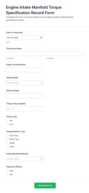 Engine Intake Manifold Torque Specification Record Form Template