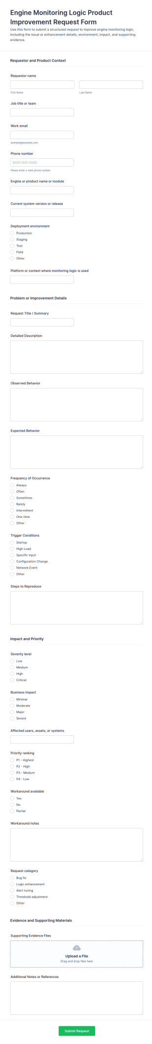 Engine Monitoring Logic Product Improvement Request Form Template