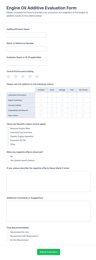 Engine Oil Additive Evaluation Form Template