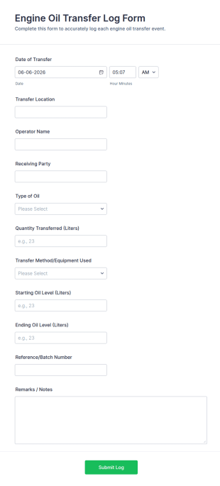 Engine Oil Transfer Log Form Template