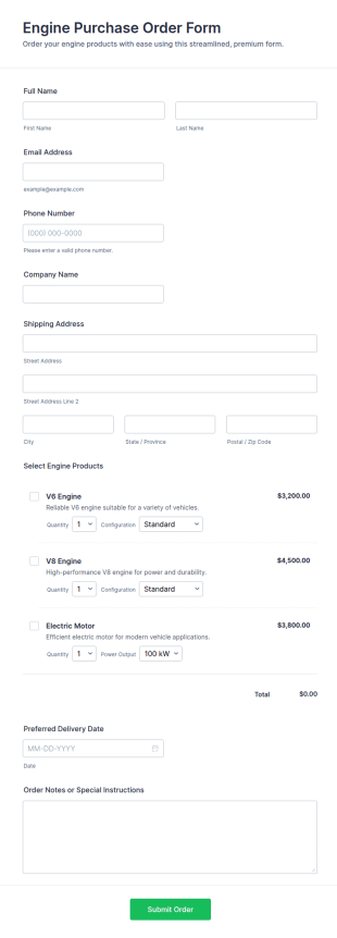Engine Purchase Order Form Template