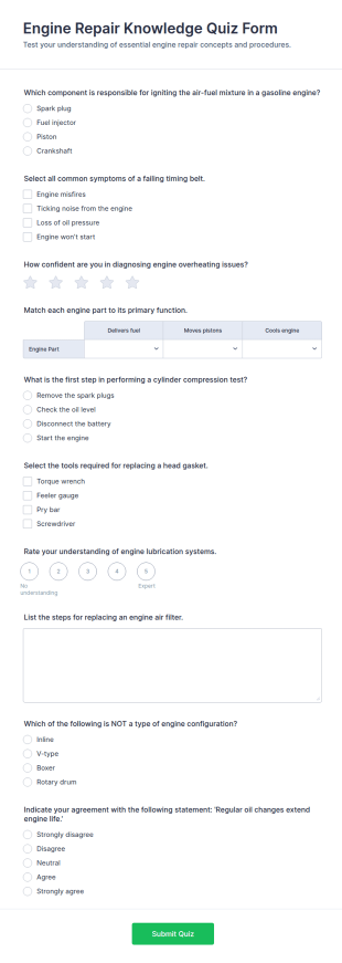 Engine Repair Knowledge Quiz Form Template