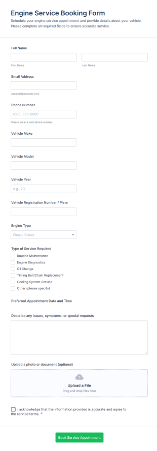 Engine Service Booking Form Template