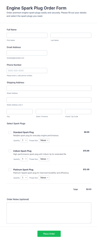 Engine Spark Plug Order Form Template