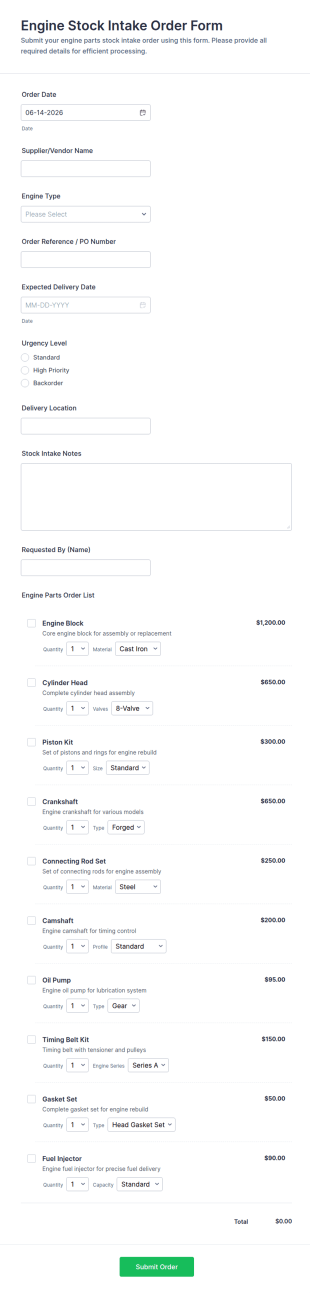 Engine Stock Intake Order Form Template