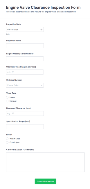 Engine Valve Clearance Inspection Form Template