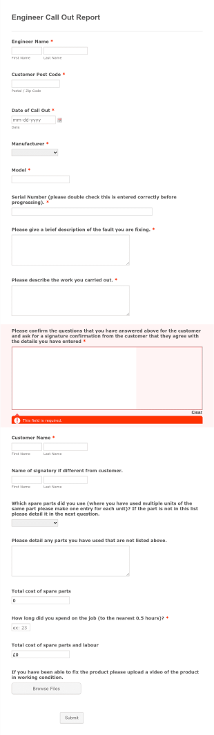 Engineer Call Out Report Form Template