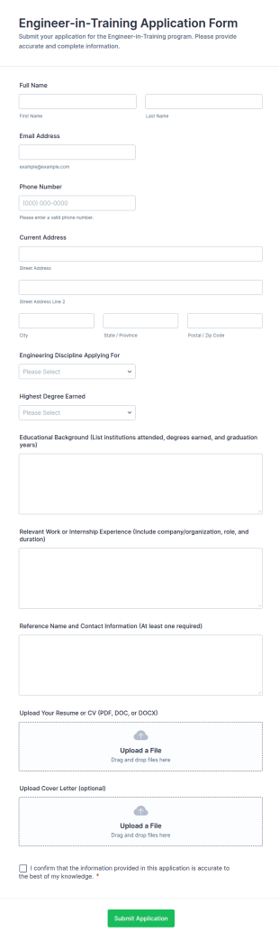 Engineer In Training Application Form Template