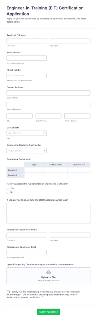 Engineer In Training (EIT) Certification Application Form Template