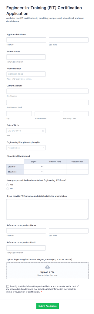 Engineer In Training (EIT) Certification Application Form Template