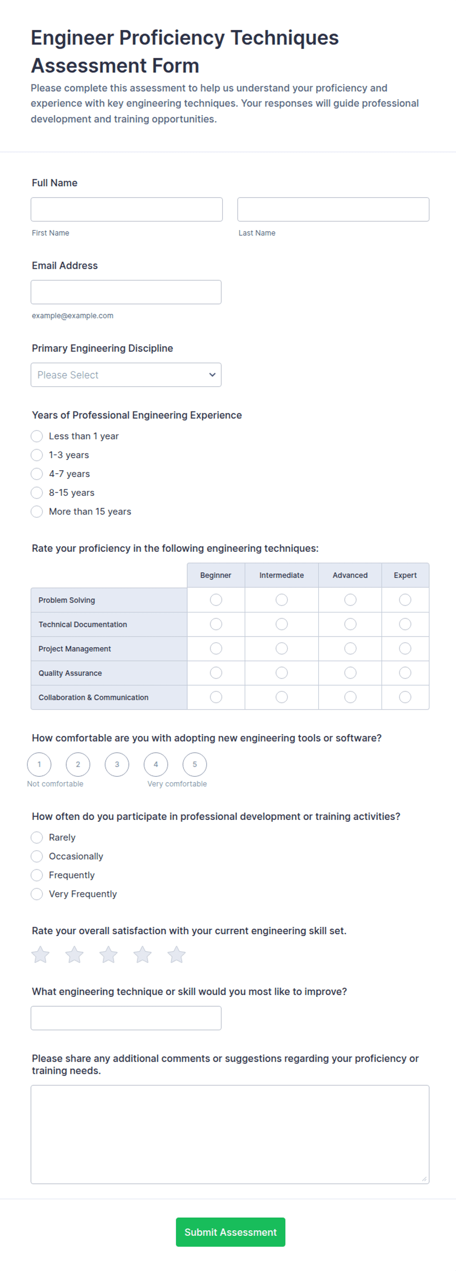 Engineer Proficiency Techniques Assessment Form Template | Jotform