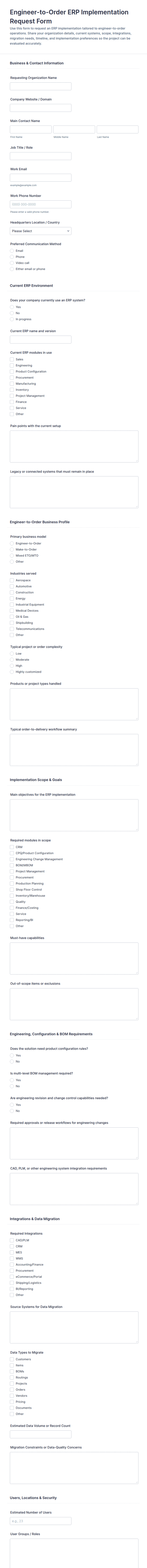 Engineer-to-Order ERP Implementation Request Form Template | Jotform