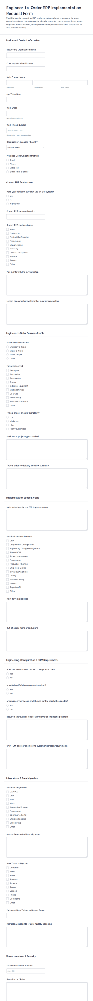 Engineer To Order ERP Implementation Request Form Template