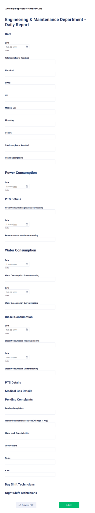 Engineering And Maintenance Daily Report Form Template