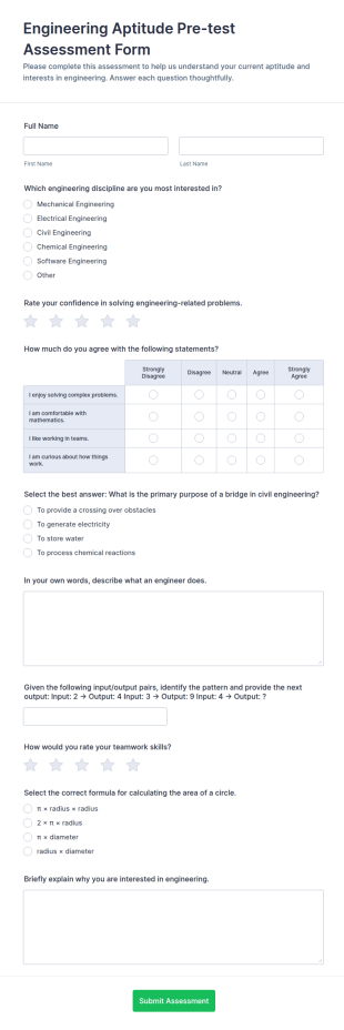 Engineering Aptitude Pre Test Assessment Form Template