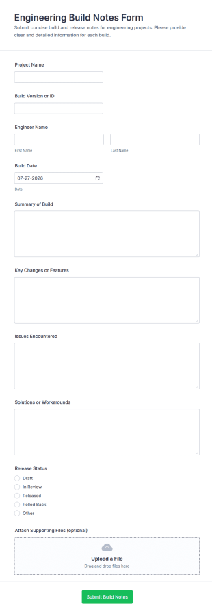 Engineering Build Notes Form Template